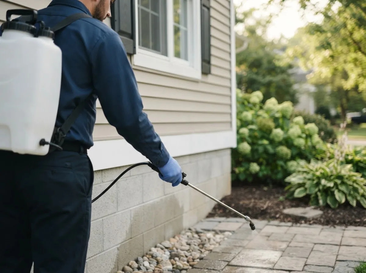 Pest control technician inspecting a home in Gillett, TX